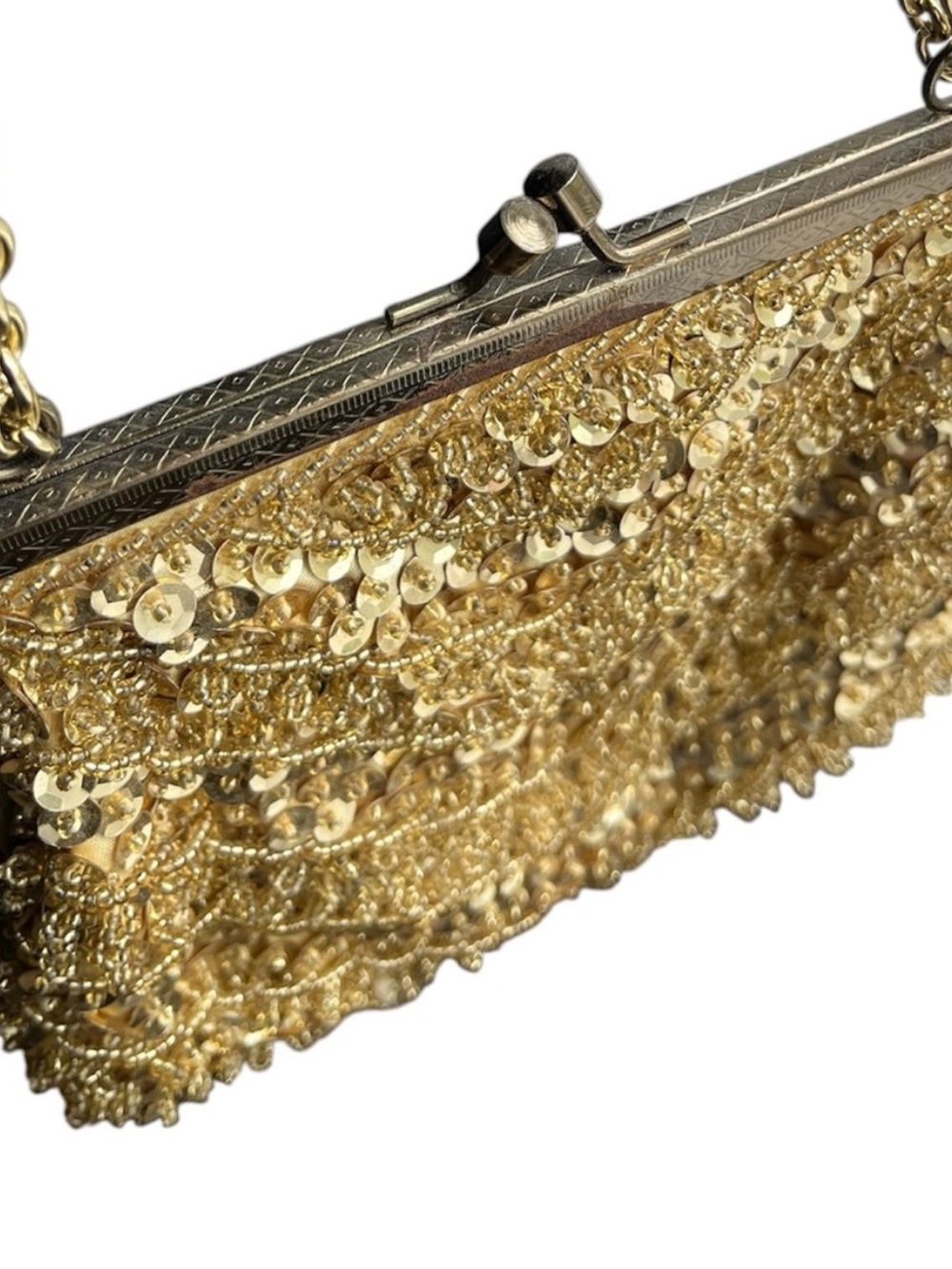 Vintage Gold Sequin Evening Bag Beaded Gold Tone Frame Chain Strap - Picture 7 of 14